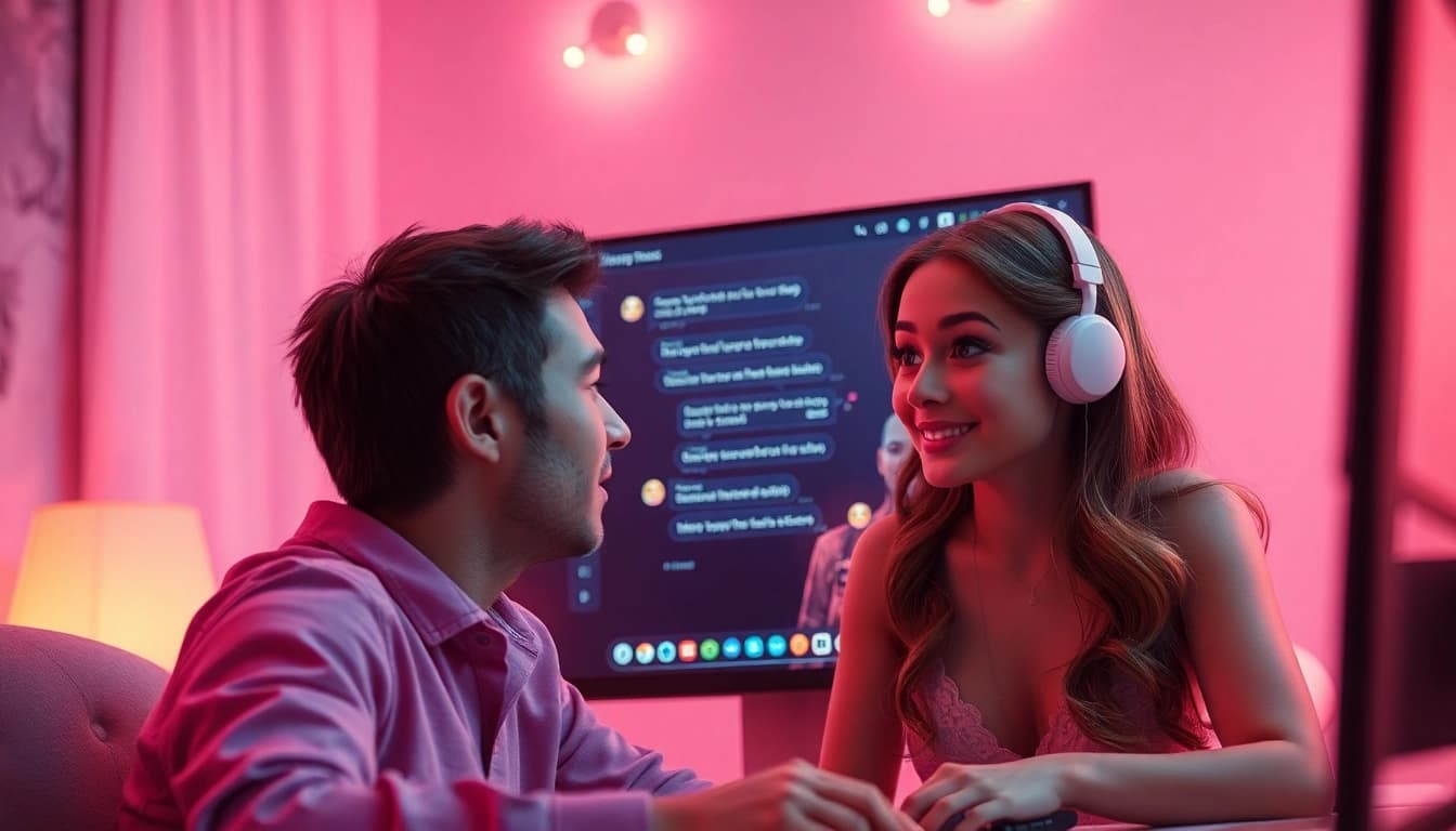 Engaging AI sex chat experience with a lifelike chatbot character and warm ambient lighting.