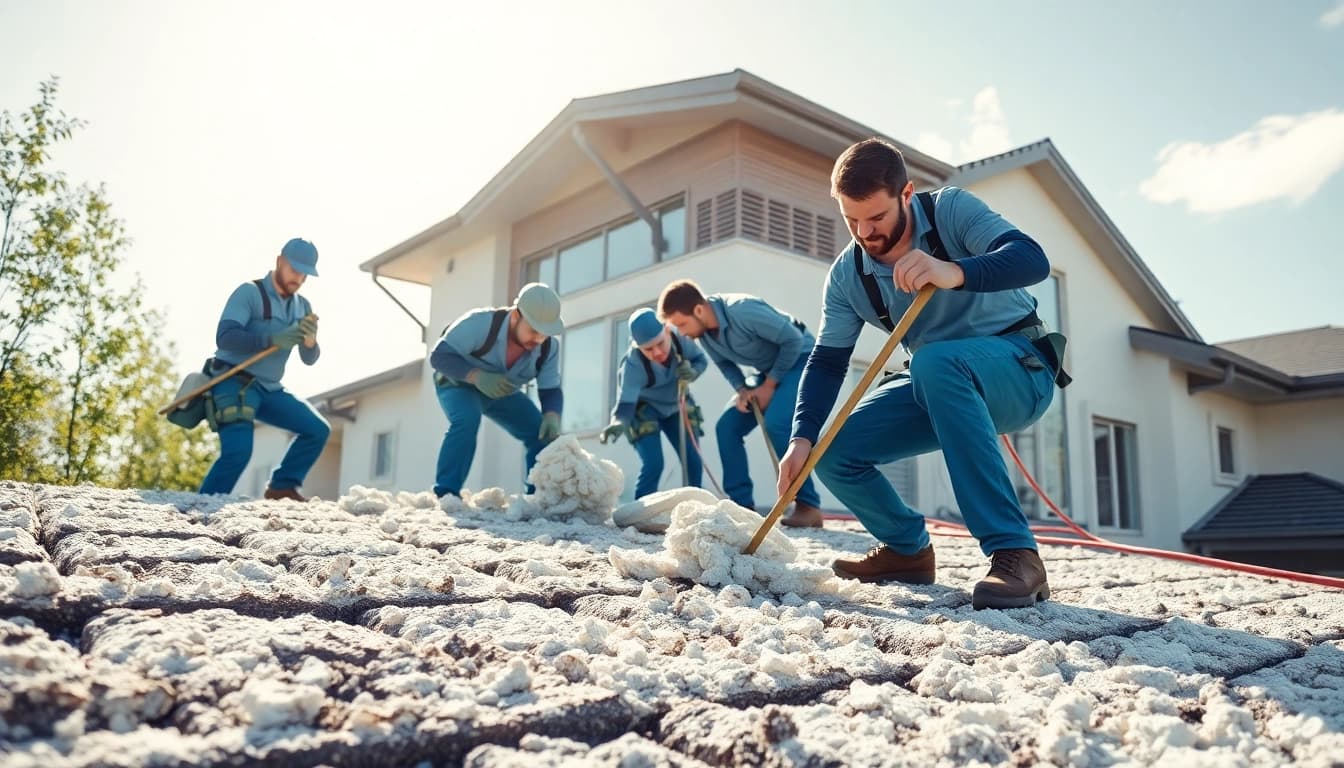 Roof insulation removal company team efficiently extracting old insulation from a home.