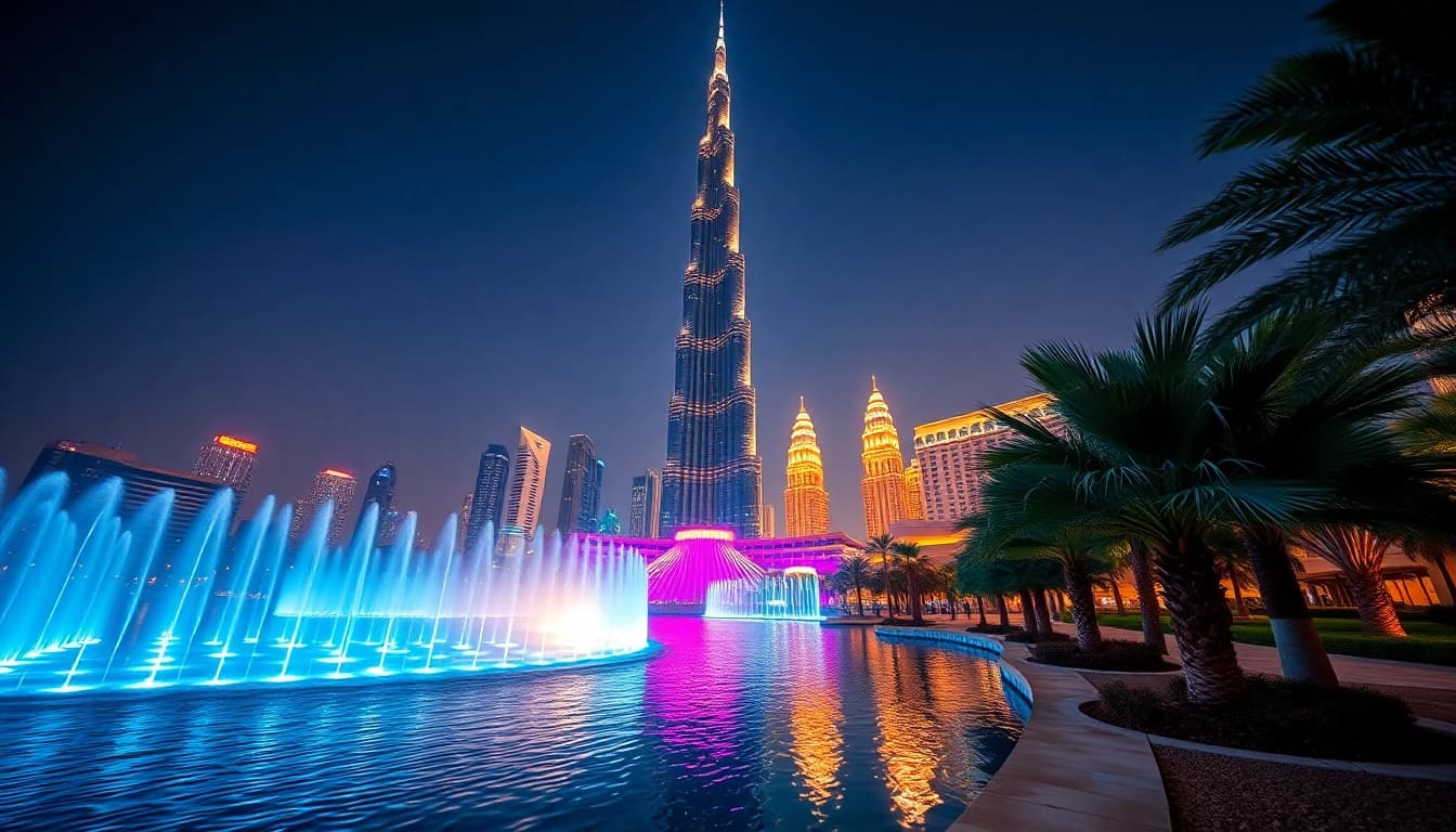 Experience breathtaking travel to Dubai with an illuminated Burj Khalifa at night, showcasing the vibrant city skyline.