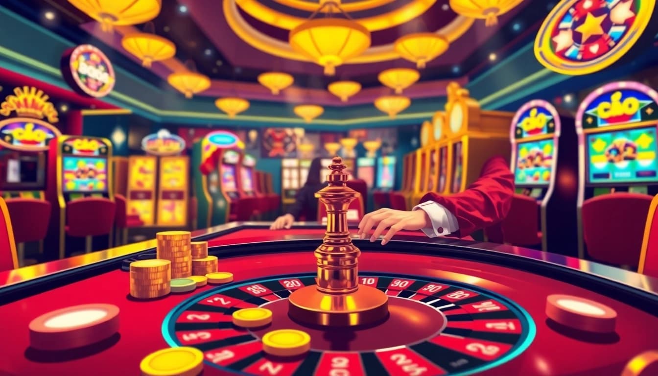 BET88 casino scene with a dealer spinning the roulette wheel amidst vibrant slot machines and colorful chips.