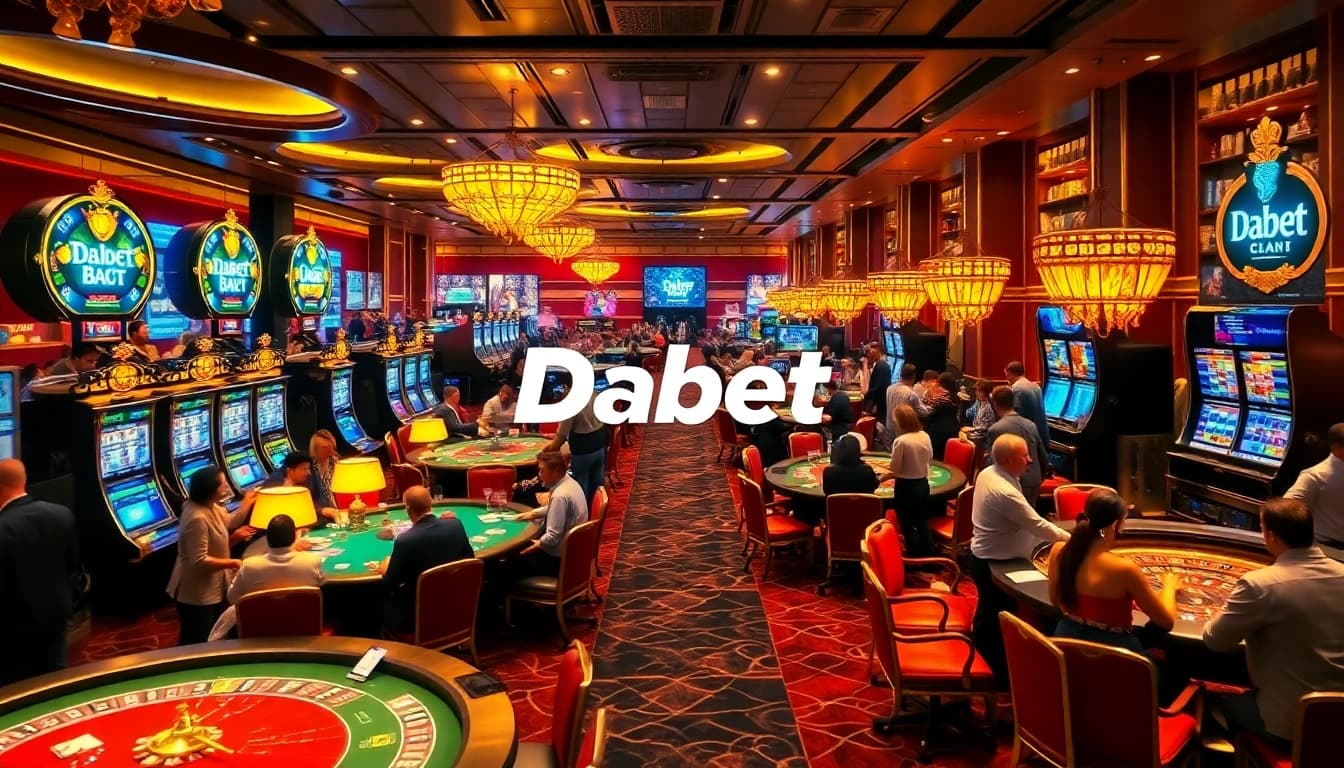 Dabet com offers a thrilling view of players enjoying casino games, with vibrant slot machines and betting slips highlighting excitement.