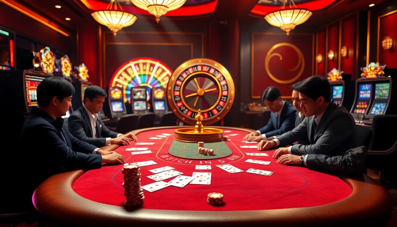 Exciting gaming action at trang chủ 69VN casino with poker players and vibrant slot machines.
