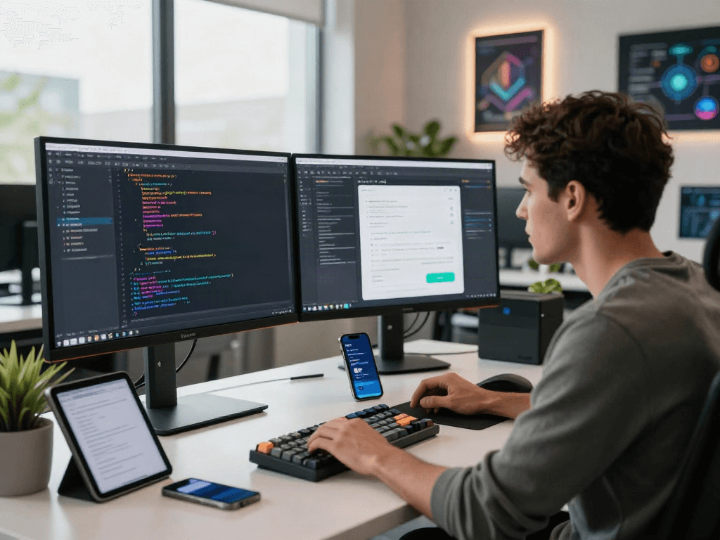 Developer focused on creating innovative juicy ai software in a modern workspace surrounded by tech gadgets.