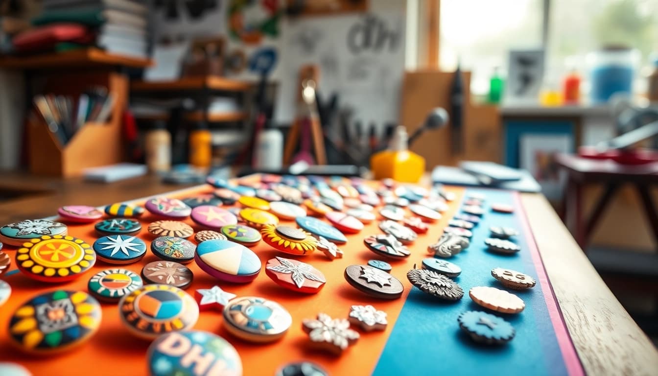 Showcase vibrant custom pins in an artistic arrangement against a soft-focus workshop background.