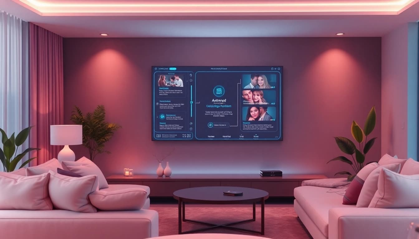 Cozy living room showcasing advanced sex AI technology and warm ambiance.