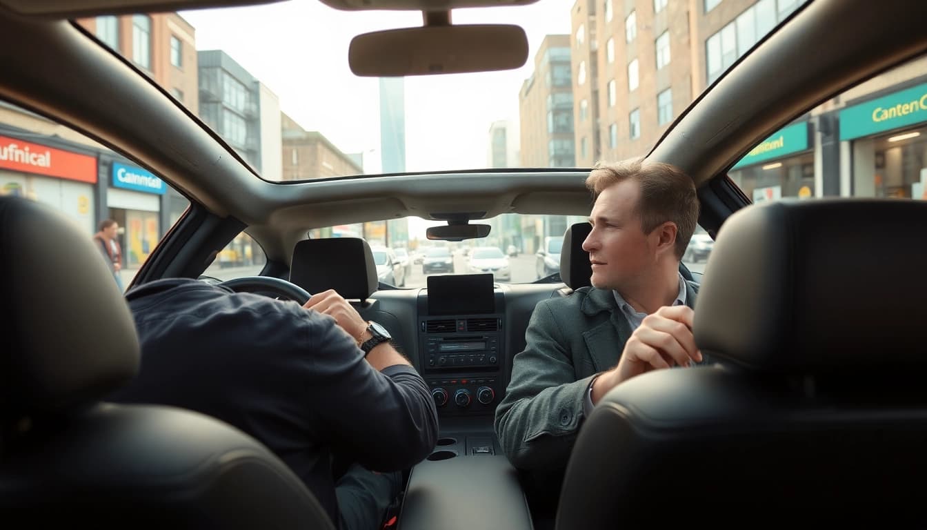 Enhance your skills with automatic driving lessons Manchester, as an instructor coaches a learner in a vibrant city.