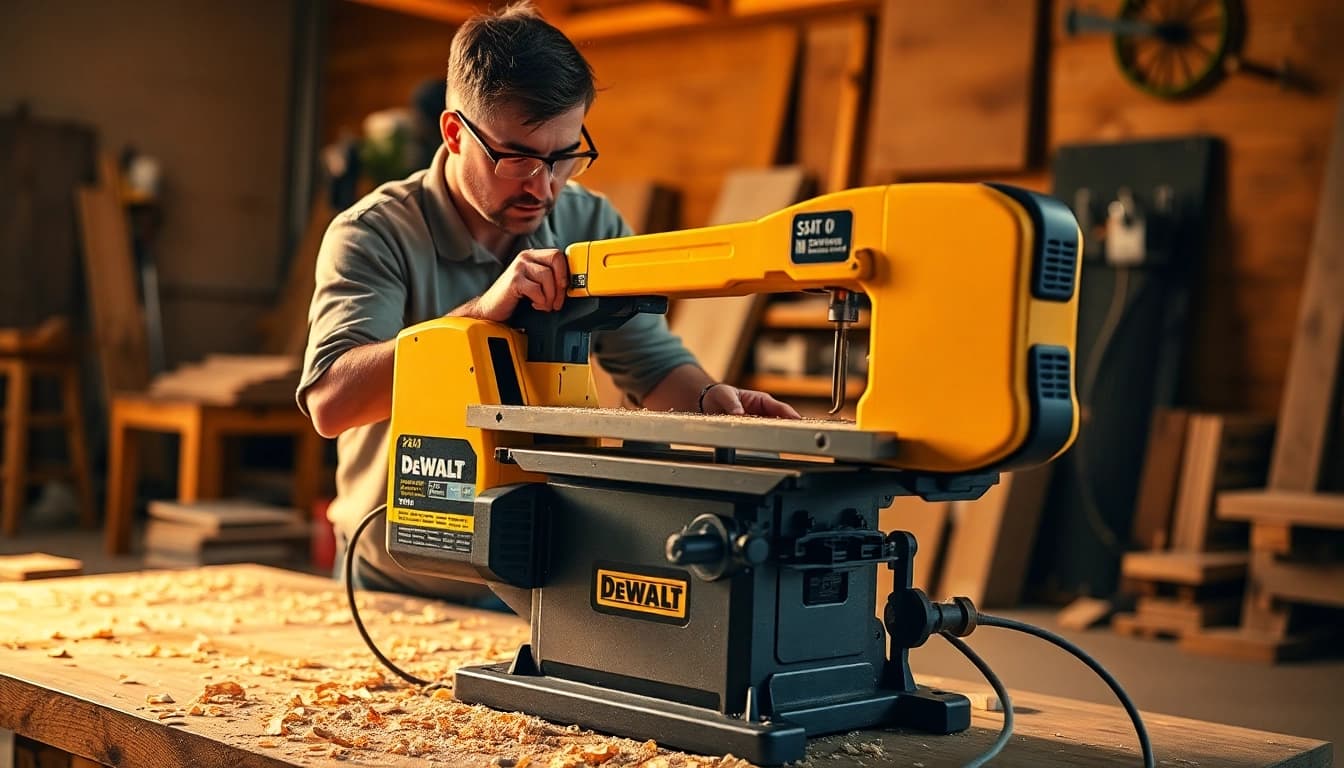 Dewalt bandsaw cutting through wood, showcasing precision in a woodworking workshop.