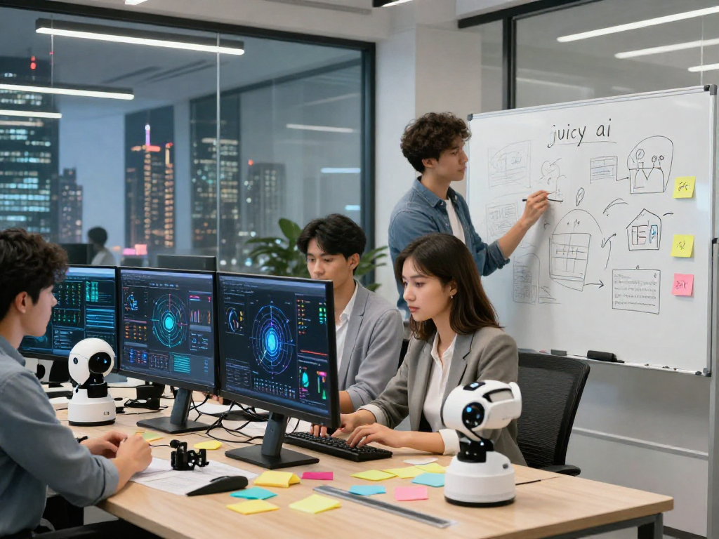 Team collaborating on "juicy ai" research in a futuristic tech lab environment, showcasing modern analytics.