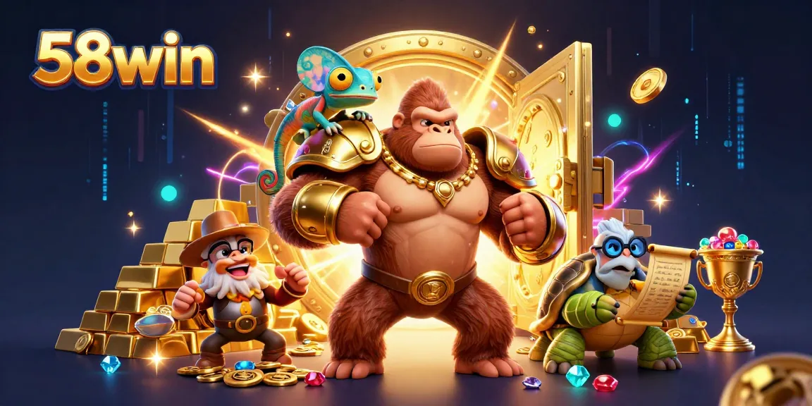 58win showcases a powerful gorilla king with a treasure-filled casino, igniting excitement.