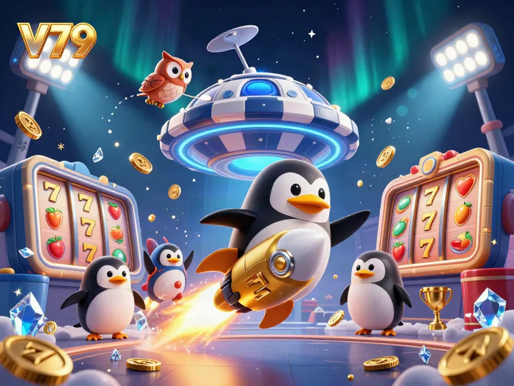 Join the exciting adventure of V79 as a golden penguin zooms towards a poker chip casino, surrounded by vibrant slot game elements.