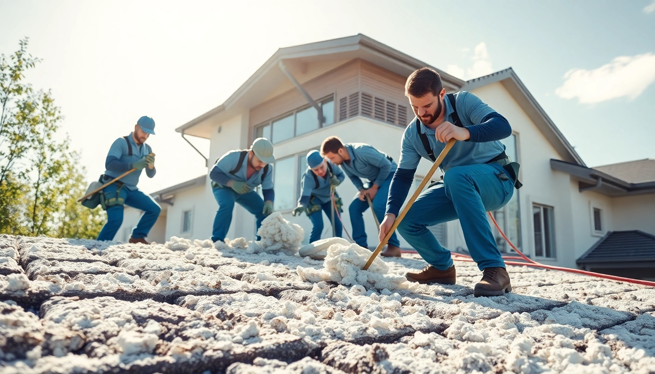 Roof insulation removal company team efficiently extracting old insulation from a home.