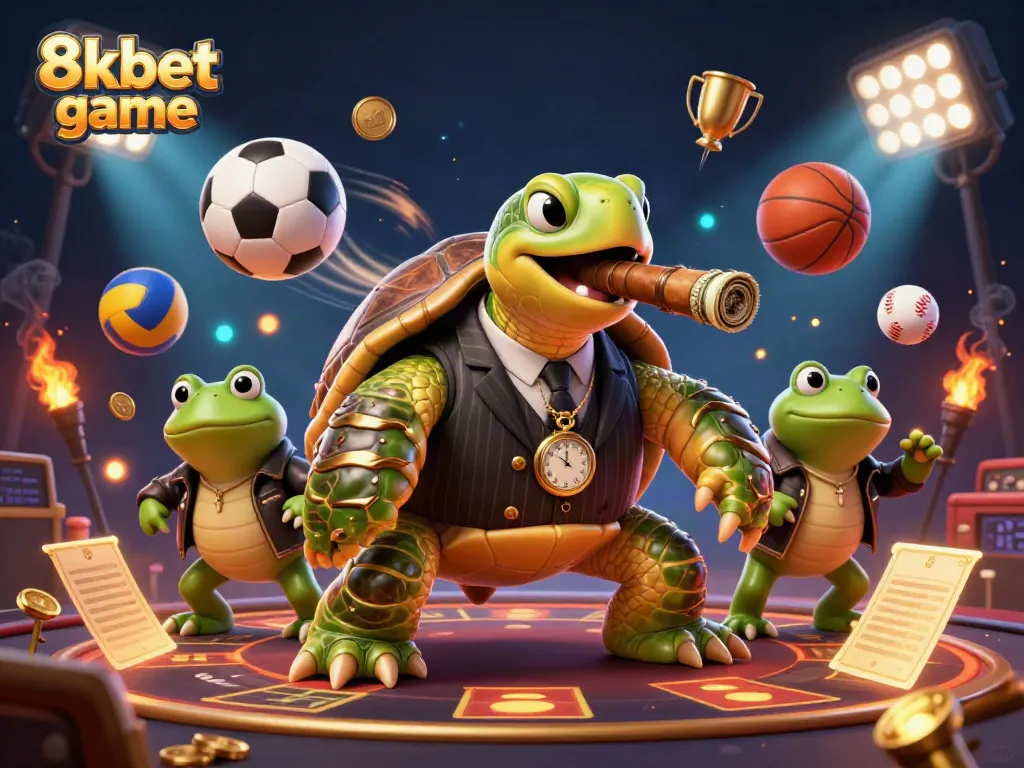 Engage with 8xbet game featuring a dynamic scene of cartoon characters amidst casino elements.