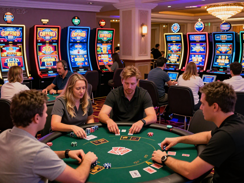 Players enjoying USA casinos for UK players, engaging with games and vibrant atmosphere.