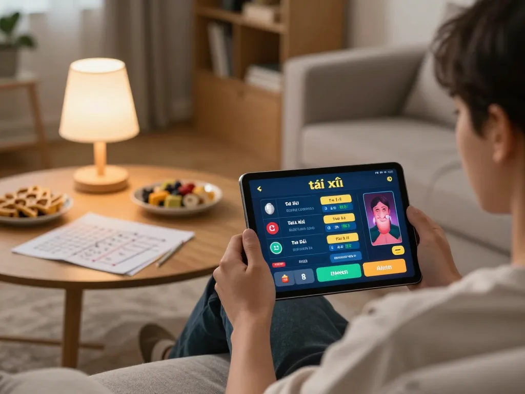 Player enjoying tài xỉu online on a tablet, showcasing a cozy home gaming atmosphere with strategy notes and snacks.