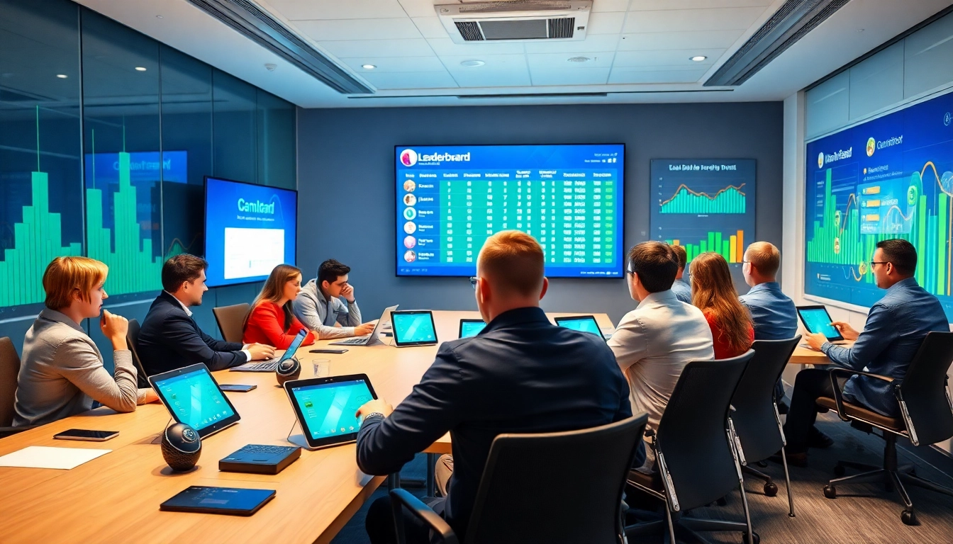 Participants engaged in interactive training gamification tools within a modern office setting.