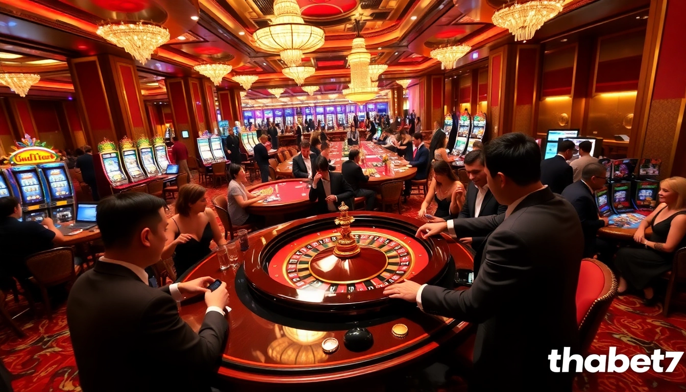 Players enjoying the excitement of thabet77 with roulette and slot machines in a vibrant casino setting.