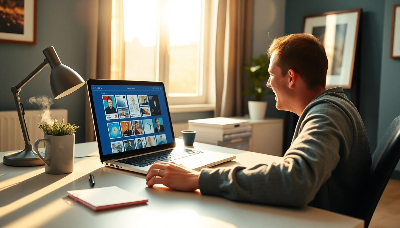 Browse a vibrant selection of postage stamps online in a cozy home office setup.
