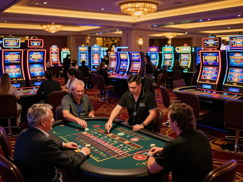 Excited players engaged in games at rr88 casino, showcasing vibrant gaming atmosphere.