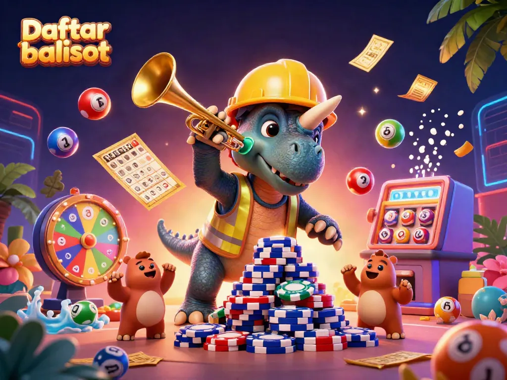 Engaging 3D scene celebrating Daftar balisot with playful dinosaur characters and vibrant casino elements.