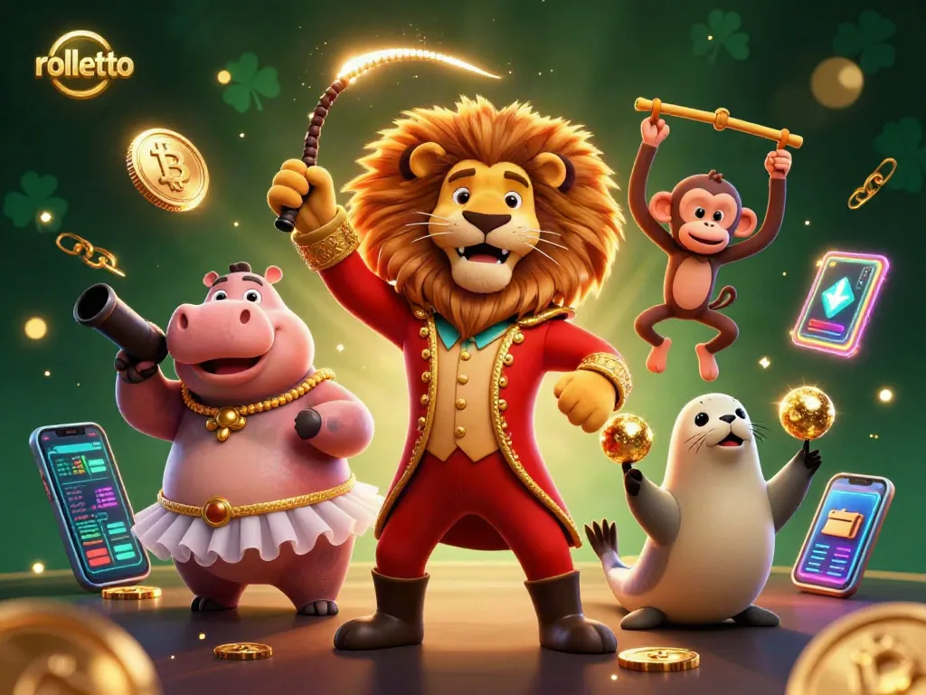 Engage with rolletto in this vibrant casino scene featuring dynamic characters and crypto elements.