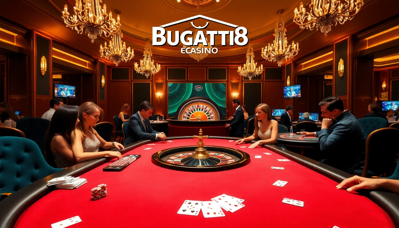 Experience the excitement of Bugatti8 with players enjoying luxury gambling at elegant casino tables.