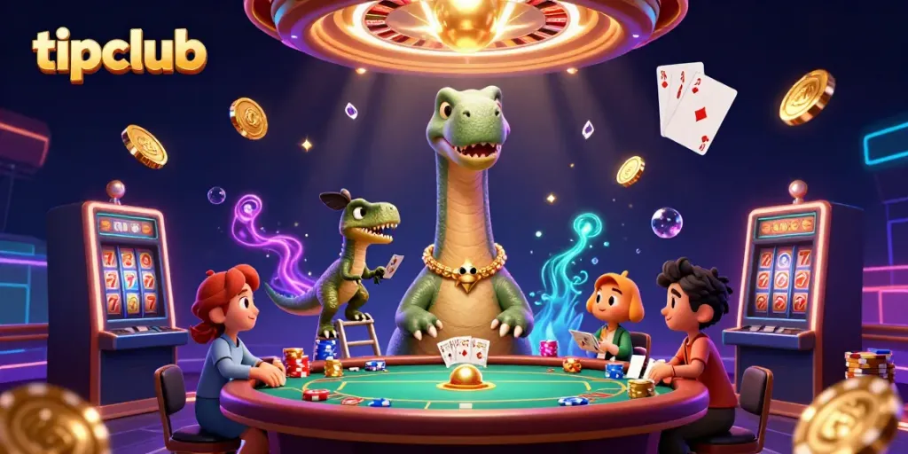 Tipclub showcases a unique 3D scene with a brontosaurus and raptor in an engaging casino atmosphere.