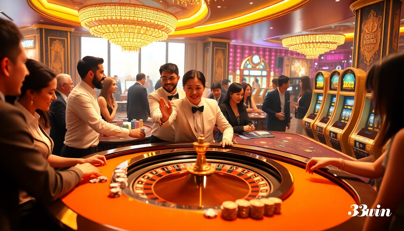 Experience the excitement at Nhà cái 33win with diverse players at a vibrant casino table.