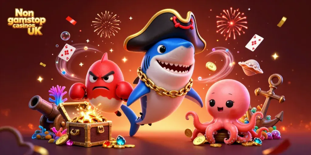 Engaging visual of Non gamstop casinos UK featuring a pirate shark, pufferfish, and octopus in an underwater casino setting.