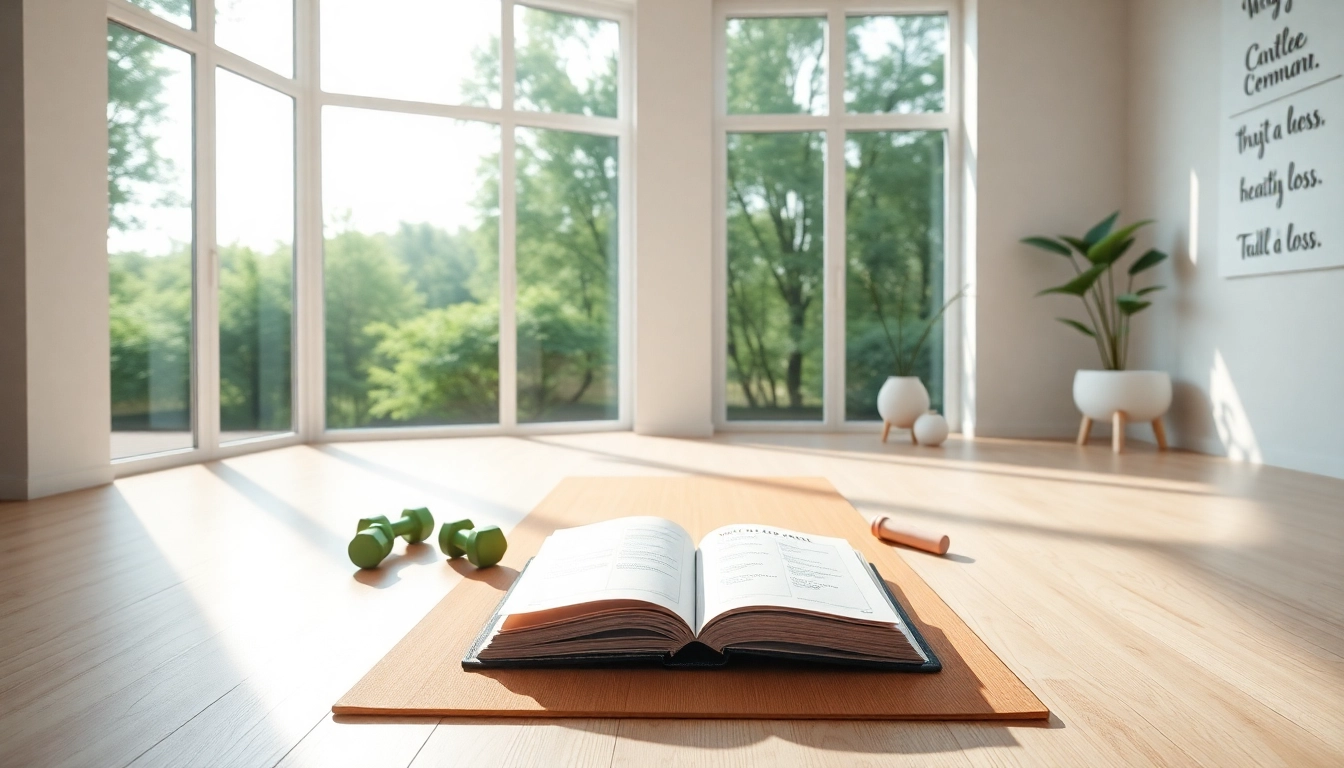 Discover the serene space inspiring weight loss transformation with fitness tools and healthy lifestyle elements.