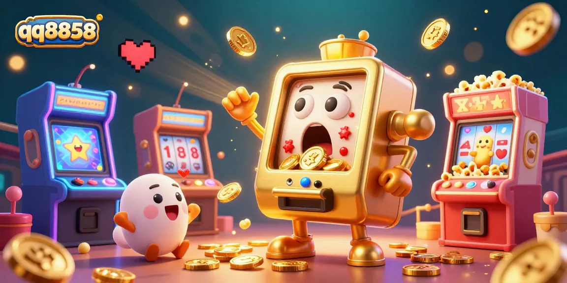 Slot machine hits jackpot in qq8858, surrounded by cheering baby machines and golden kernels.