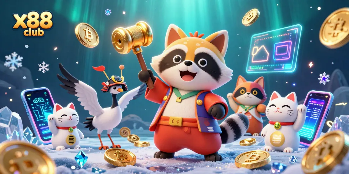 Win big at x88 club with exciting slots and vibrant characters celebrating gambling.