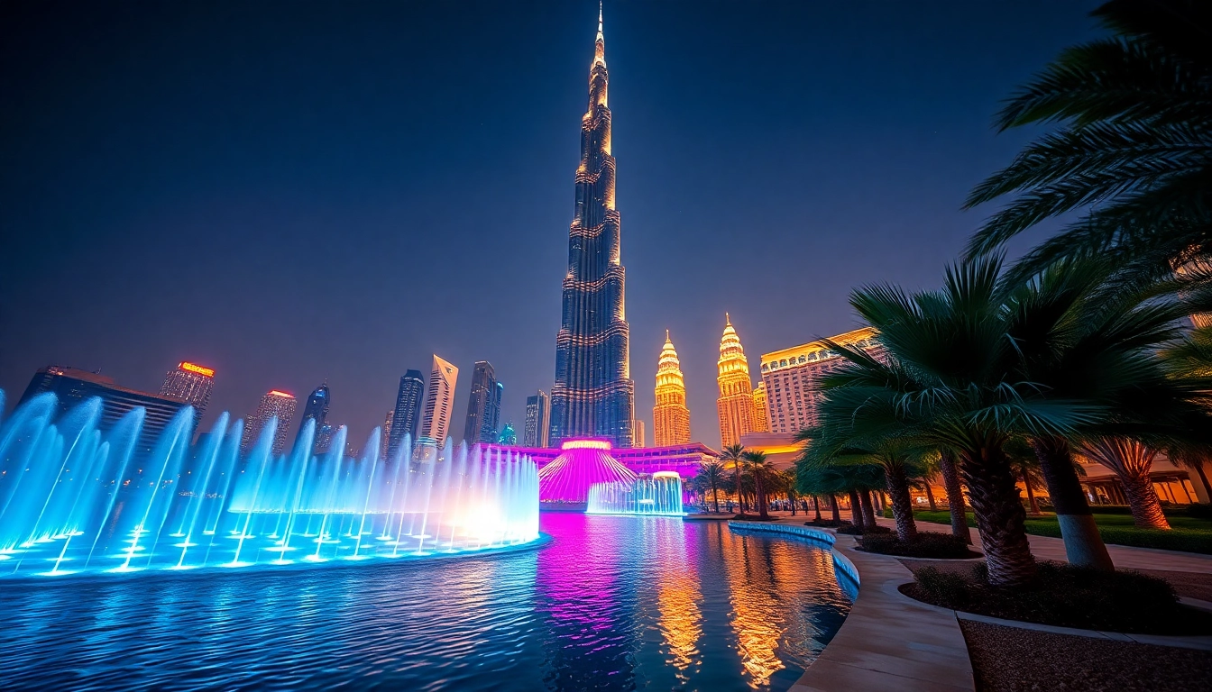 Experience breathtaking travel to Dubai with an illuminated Burj Khalifa at night, showcasing the vibrant city skyline.