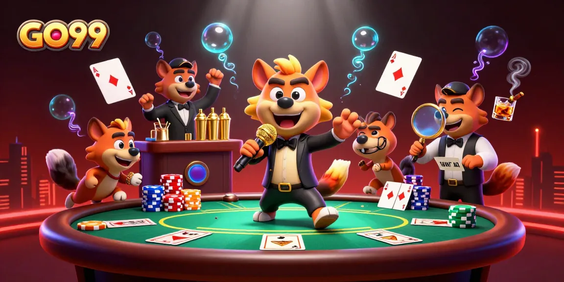 GO99 gaming scene with hyenas at a comedy casino featuring vibrant poker tables and colorful chips.