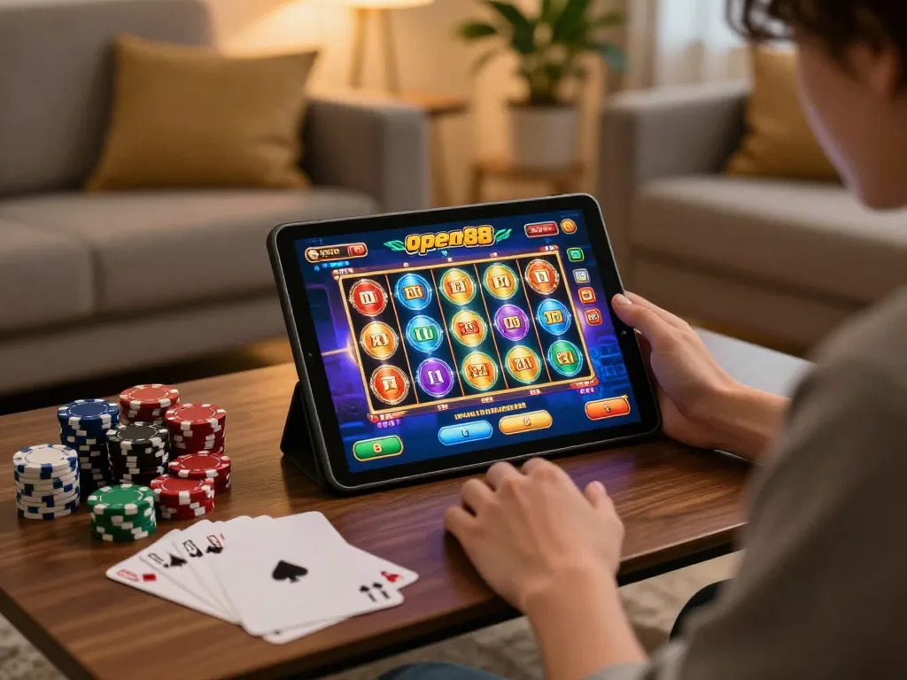Playing open88 đổi thưởng on a tablet, vibrant slot game interface displayed, cozy atmosphere.