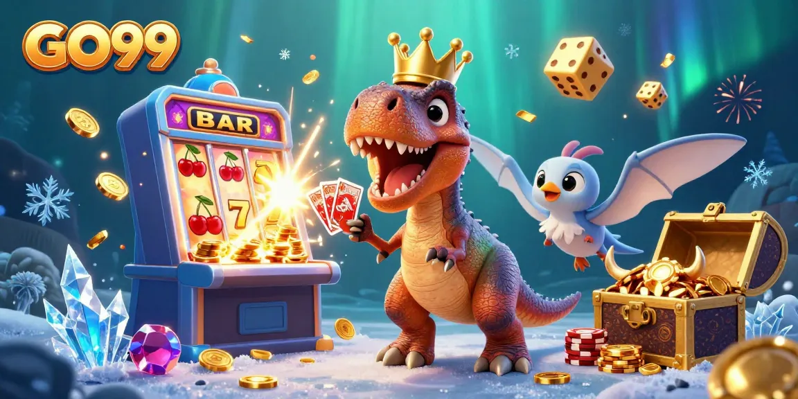GO99 features a playful dinosaur casino scene with vibrant slot machine and golden chips flying around.