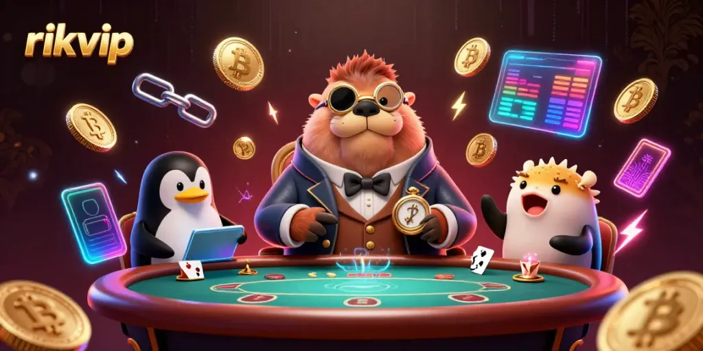 Experience thrilling poker action with rikvip's underwater casino featuring a jolly walrus and sophisticated dealer.