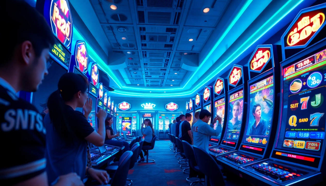 Exciting scene of players engaging with hoki138 pro slot machines, showcasing vibrant gaming atmosphere.