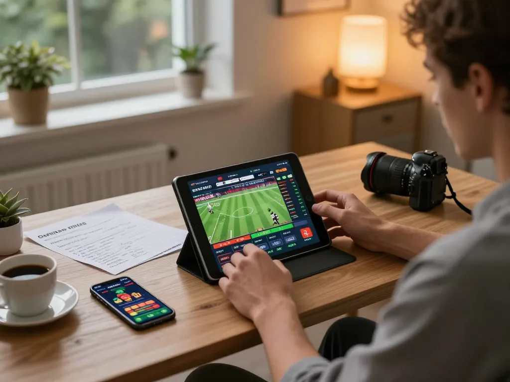 Engaging in sports betting on the tablet at nhà cái 99ok in a cozy home office setting.