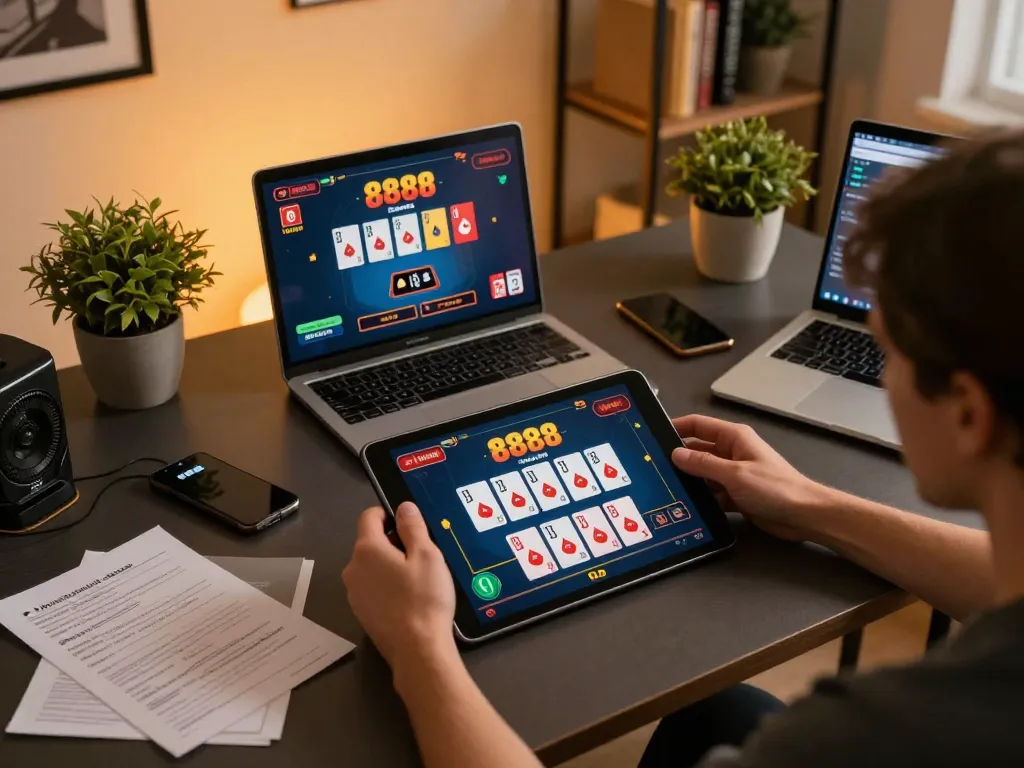 Engaged player enjoying 888slot online casino on a tablet in a cozy, well-lit home setup.