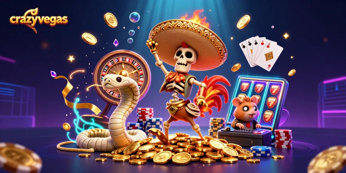 A vibrant 3D scene featuring crazyvegas elements like a dancing skeleton mariachi rooster, golden coins, and a DJ hamster.