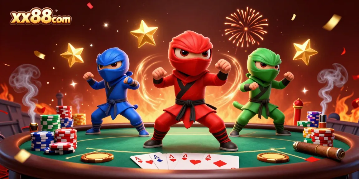 Experience thrilling gameplay with xx88com's ninja chameleon team showcasing poker excitement and martial arts.