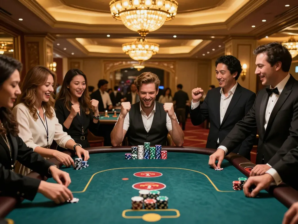 Player celebrates a win at 888b poker table, surrounded by friends in an upscale casino atmosphere
