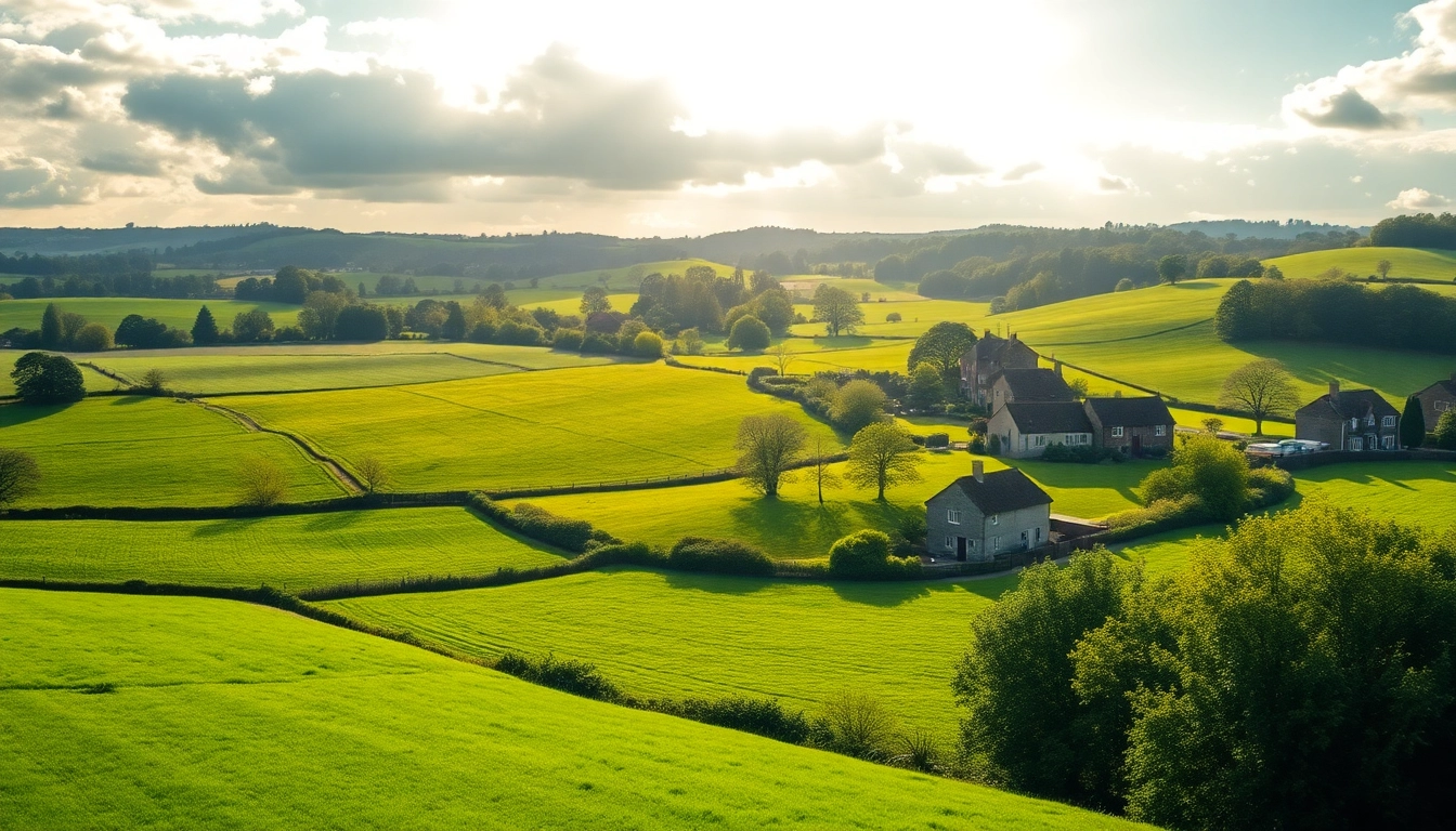 Pyrford's beautiful countryside with traditional cottages and vibrant green fields under bright sunlight.