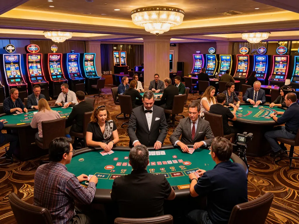 Players in action at a lively blackjack table in a luxurious casino representing mn88's vibrant gaming atmosphere