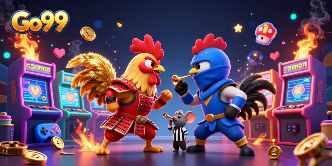 Engage in epic gameplay at Go99 with dynamic rooster duel amidst glowing arcade machines and vibrant casino elements.