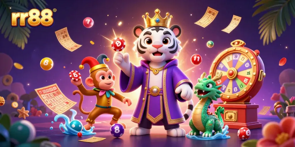 Bet on excitement with rr88 in a vibrant casino scene featuring a whimsical white tiger and interactive gaming elements.