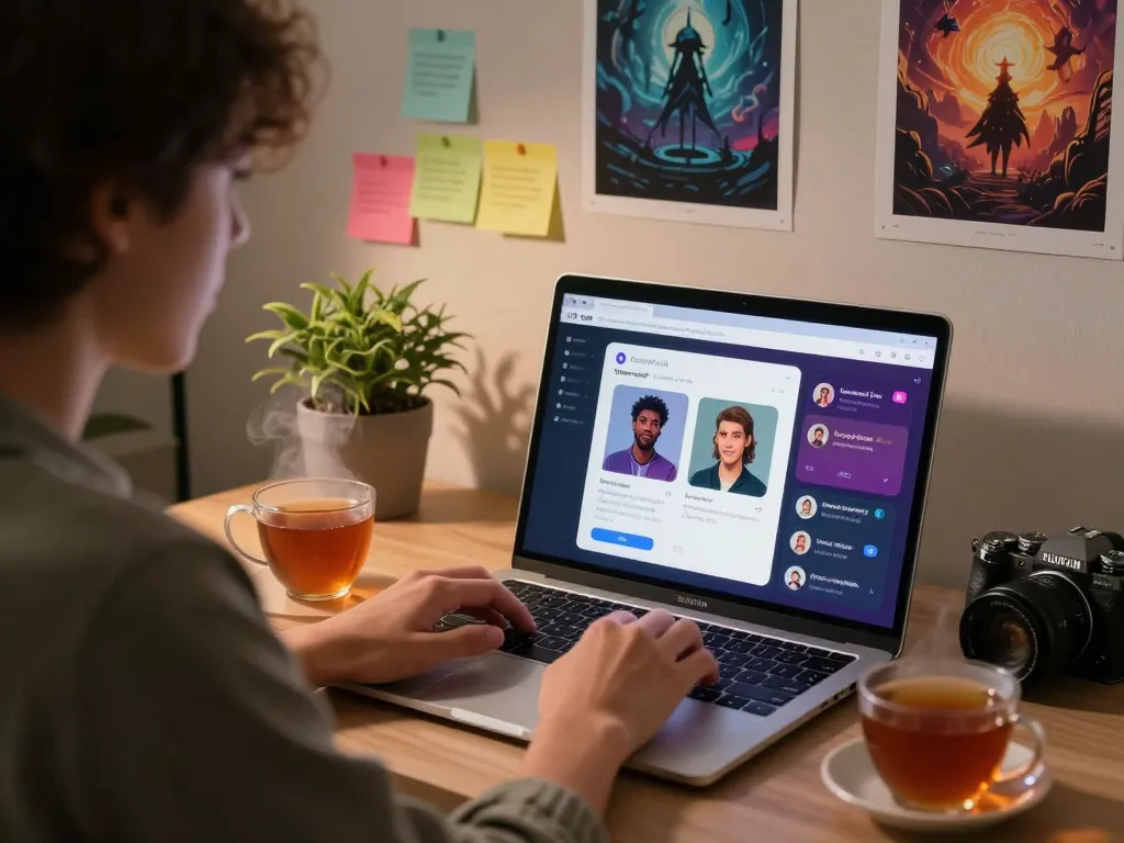 Engaging scene showcasing a user chatting with a character ai nsfw companion in a modern cozy workspace.