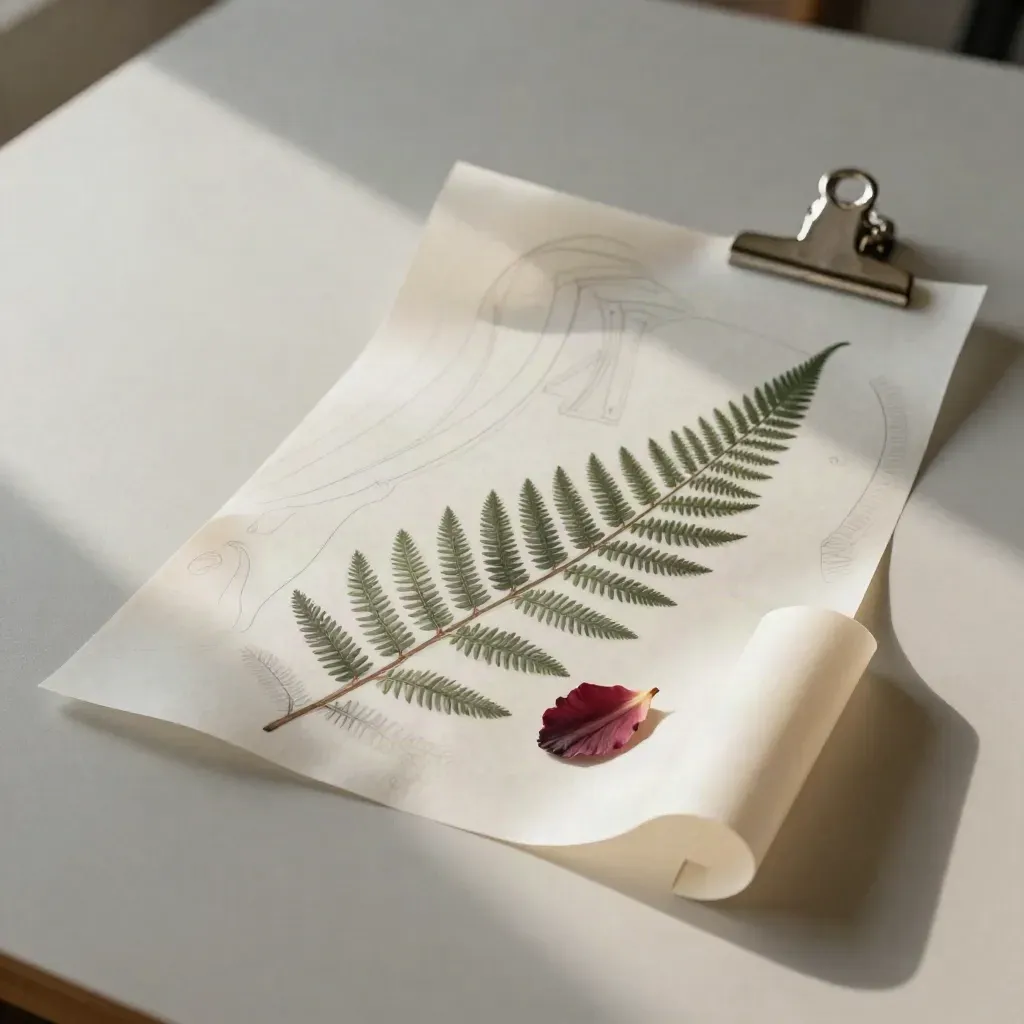 Overhead sleeve map mockup with tracing paper arcs and botanical cutouts on a pale worktable