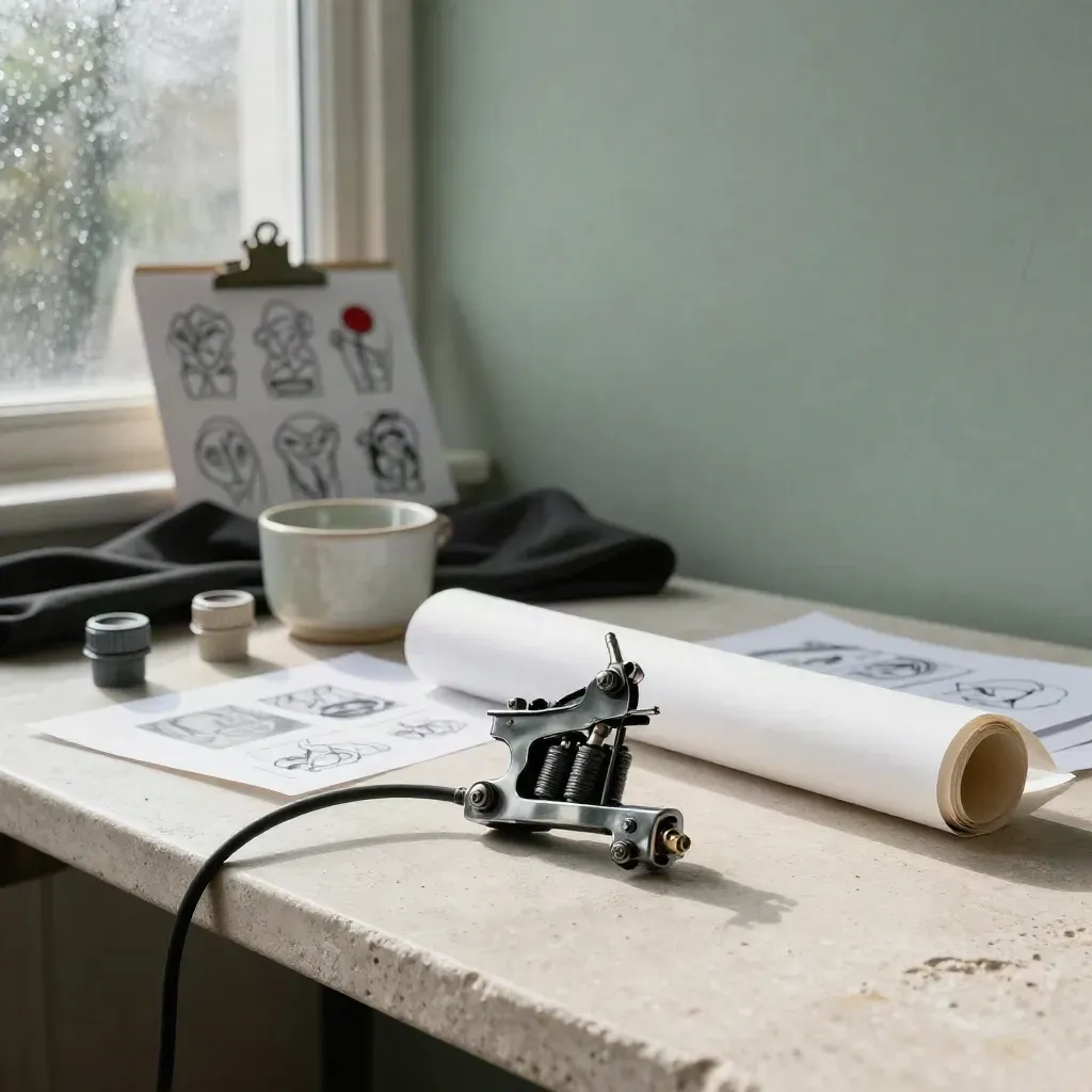 Tattoo machine, flash board, ink caps, and rinse cup on a pale stone bench.