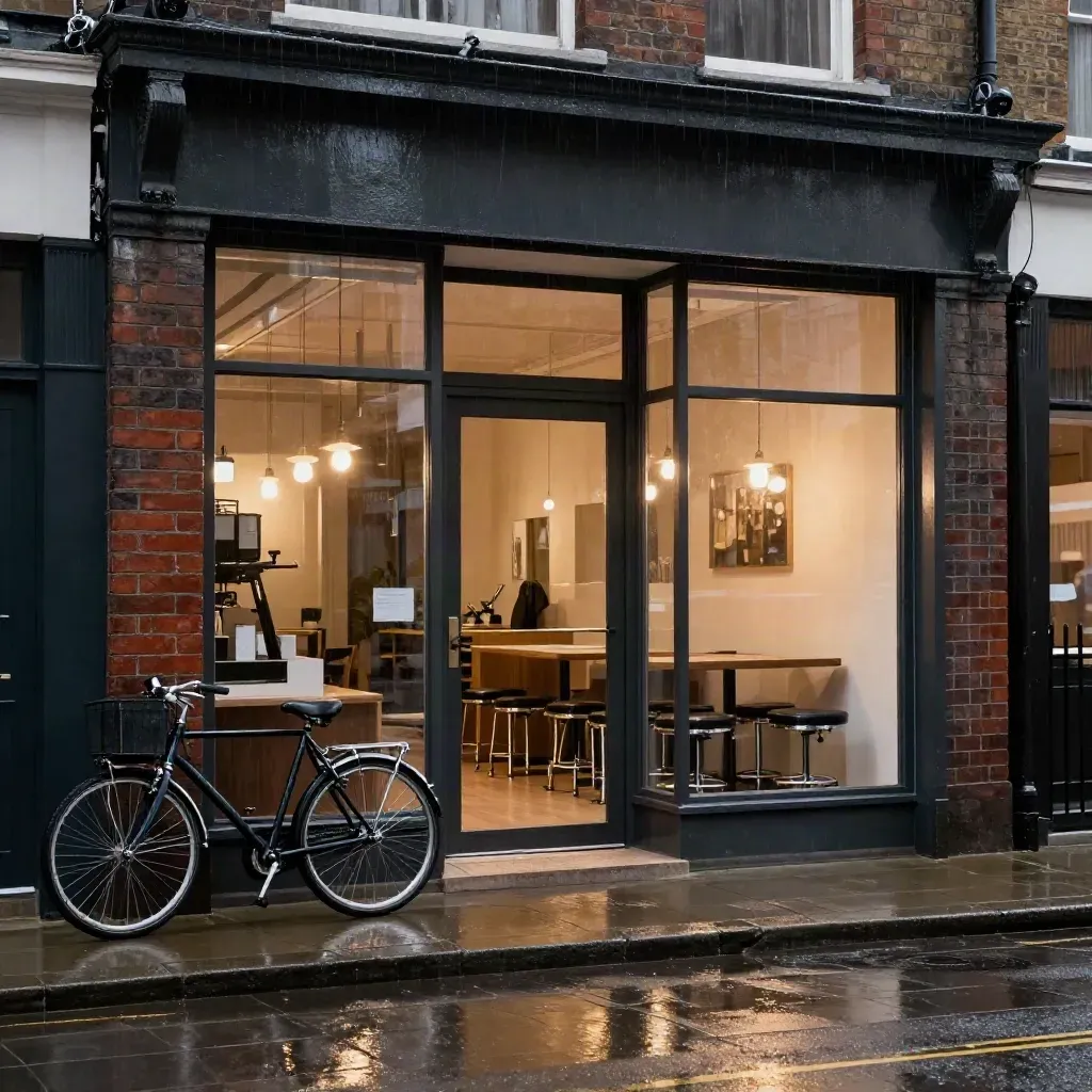 Rain-dark London tattoo studio frontage at dusk with glowing bulbs, wet brick and a parked bike.